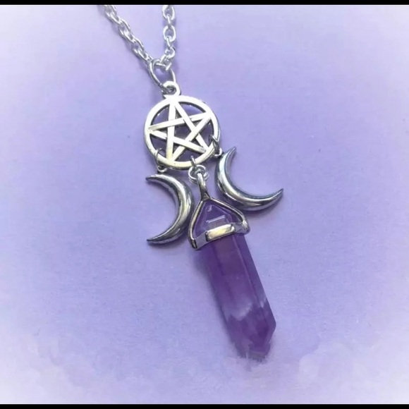 Handmade Jewelry - Triple Goddes Crystal Point Pentacle Moon Necklace